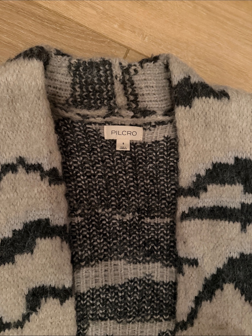 Pilcro Black and Cream Open-Front Patterned Cardigan
